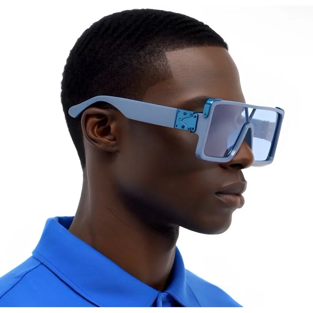 Mens Blue Oversized Square Shield Sunglasses Futuristic Flat‎ Top V-Bridge Shade